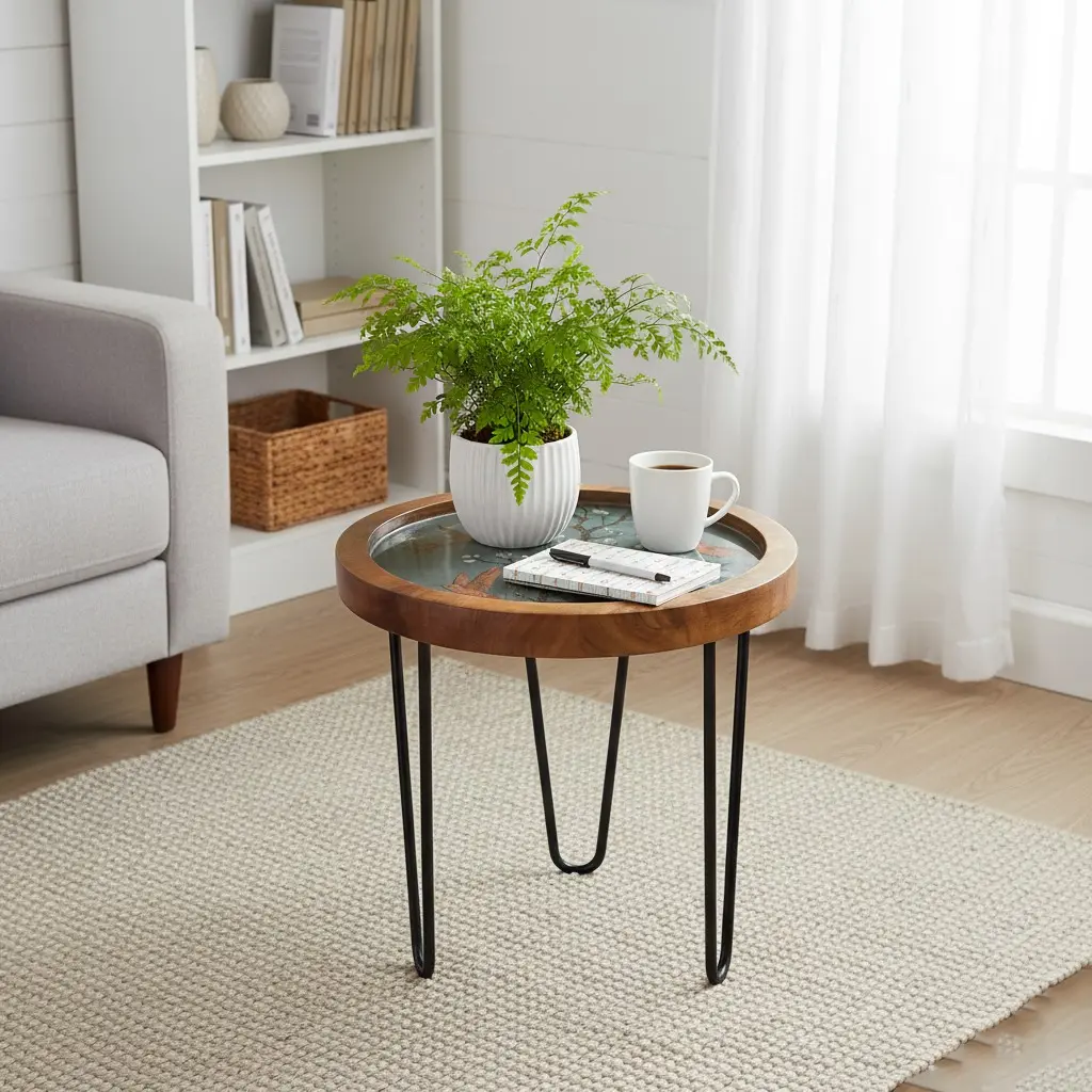 PP19 Rustic Wood & Bird on Branch Enamel Top Side Table with Black Iron Hairpin Legs - 3 Sizes
