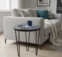 PP22 Modern Blue & Black Ikat Pattern Enamel Top Side Table with Black Iron Hairpin Legs - 3 Sizes