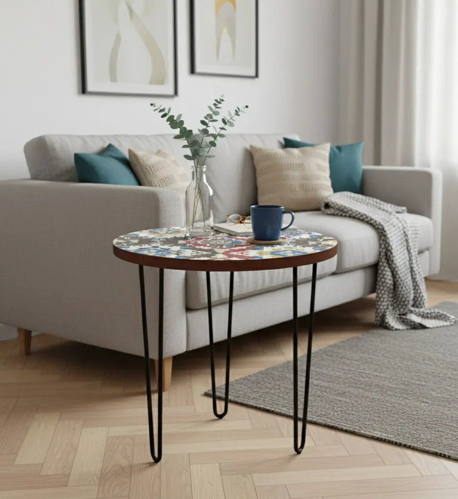 PP25 Global Multi-Color Ikat Pattern Enamel Top Side Table with Black Iron Hairpin Legs - 3 Sizes