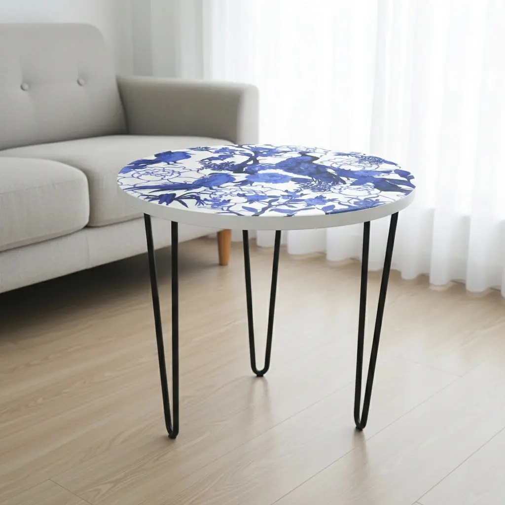 PP32 Blue and White Chinoiserie Peacock Enamel Side Table with Black Hairpin Legs - 3 Sizes (14inch(D) * 18inch(H))