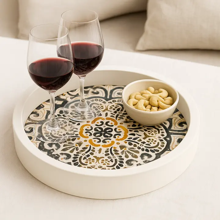 Handcrafted Moroccan Tile Design Wooden Serving Tray - Round Decorative Tray with Enamel Coat (10inch)
