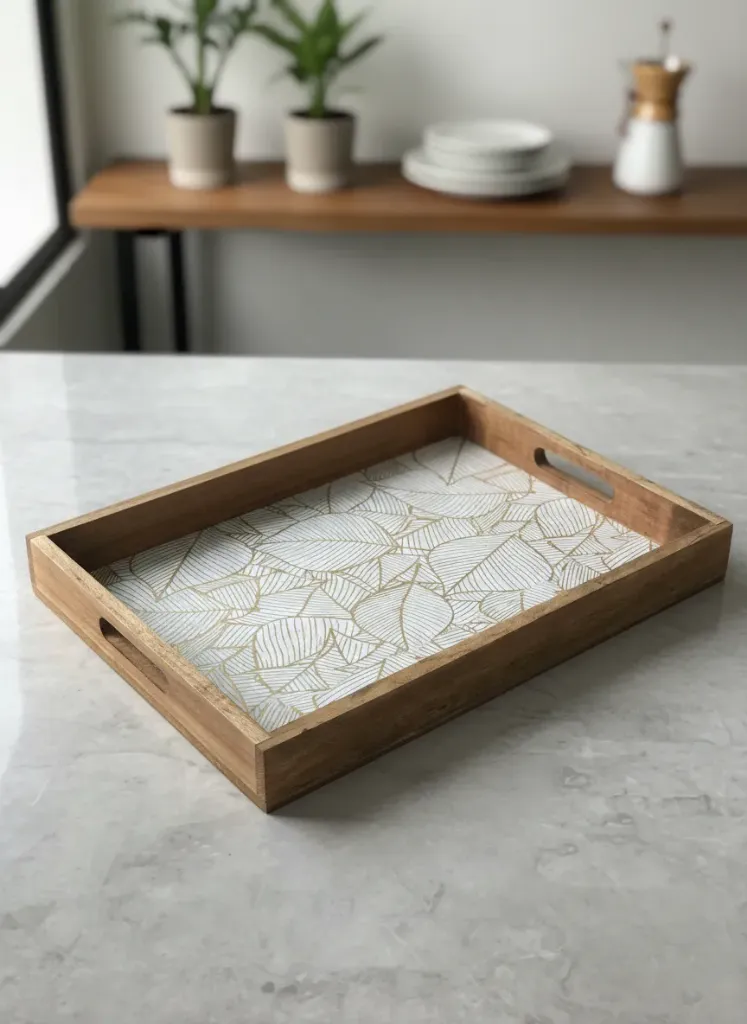 Handcrafted Geometric Metal Embossed Tray – Wood Inlay Decorative Server (14*10)
