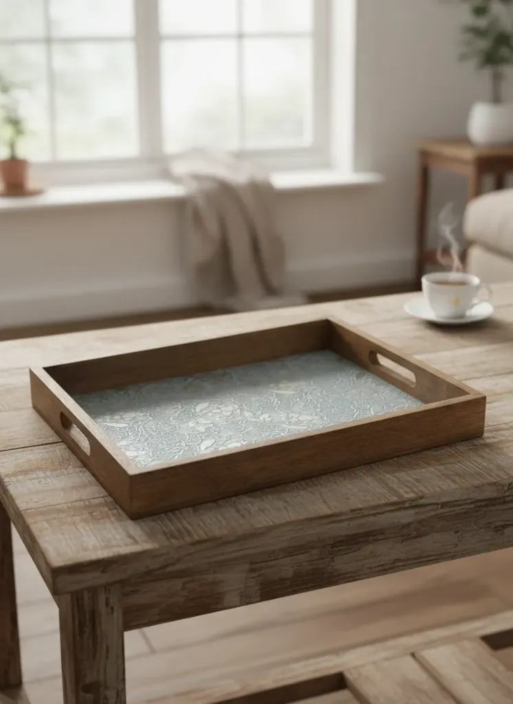 Luxury Wood Tray – Metal Embossed Motif Centerpiece for Coffee Tables (14*10)