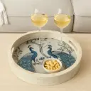 Rustic Chic Round Wooden Serving Tray with Elegant Blue Peacock & Tree Decal - Enamel Coated