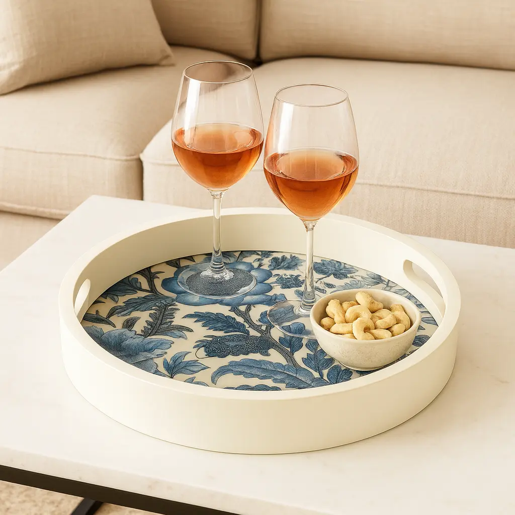 Coastal Chic Round Wooden Serving Tray with Blue & White Chinoiserie Floral Decal - Enamel Coated