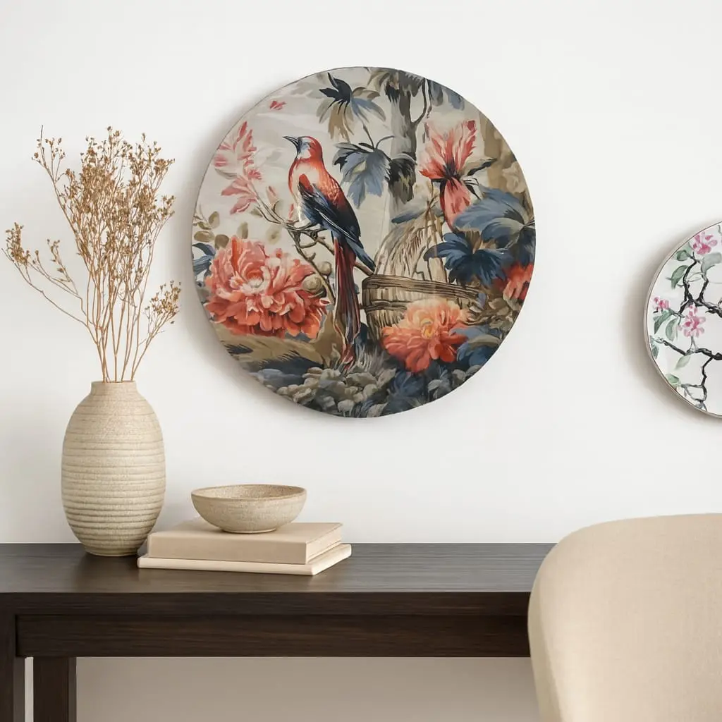 P21 Vibrant Tropical Bird & Peony Round Wooden Wall Art (10inch)