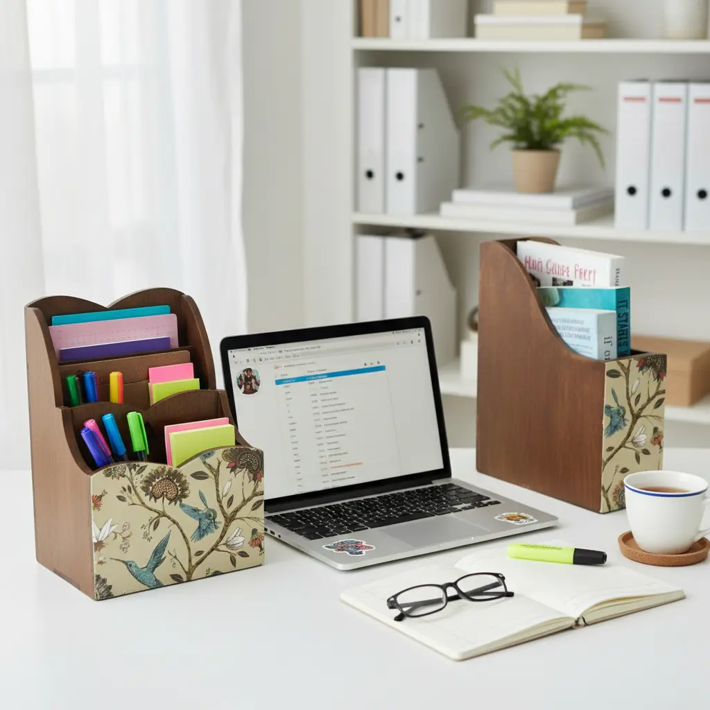 Rustic Wooden Desk Organizer Letter Sorter & Magazine File Holder Set