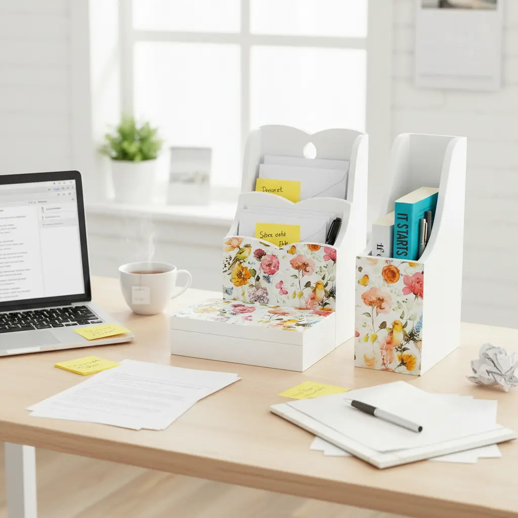 Elegant White Wooden Desk Organizer Set (Magazine Rack)
