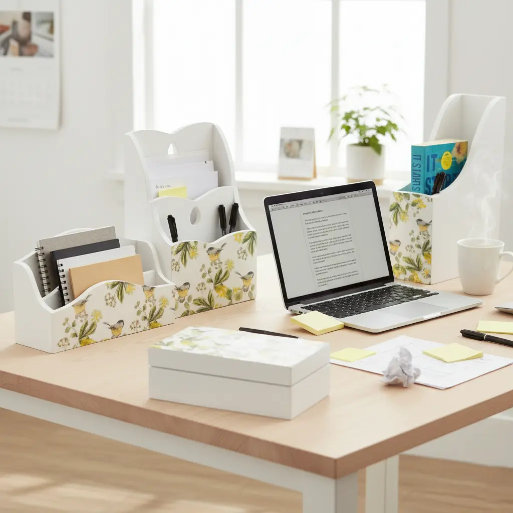 Complete White Wooden Desk & Home Organizer Set (3-Piece) | Elegant Floral & Bird Decal (Magazine Rack)
