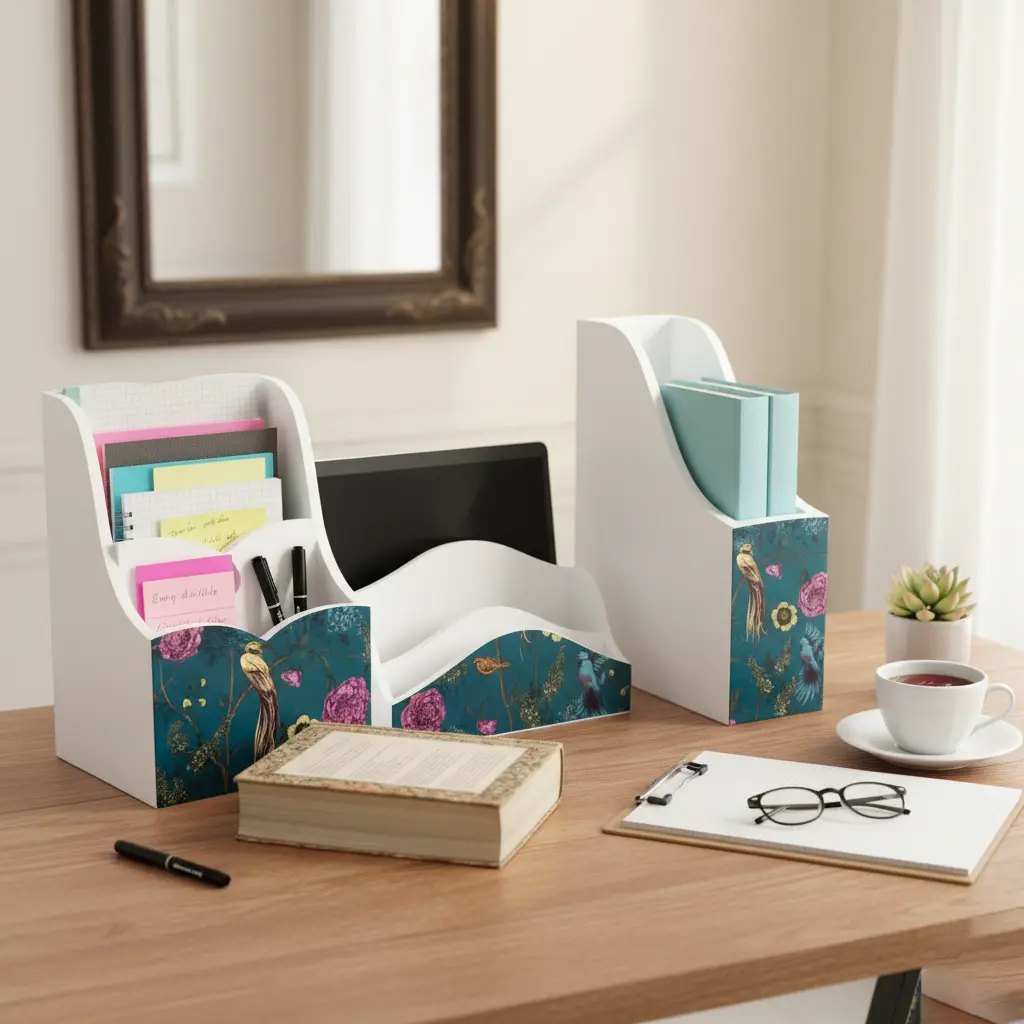 Exotic Floral & Bird Wooden Desk and Book Organizers Set"