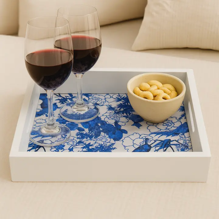Blue & White Chinoiserie Peacock & Floral Decorative Serving Tray (14*10)