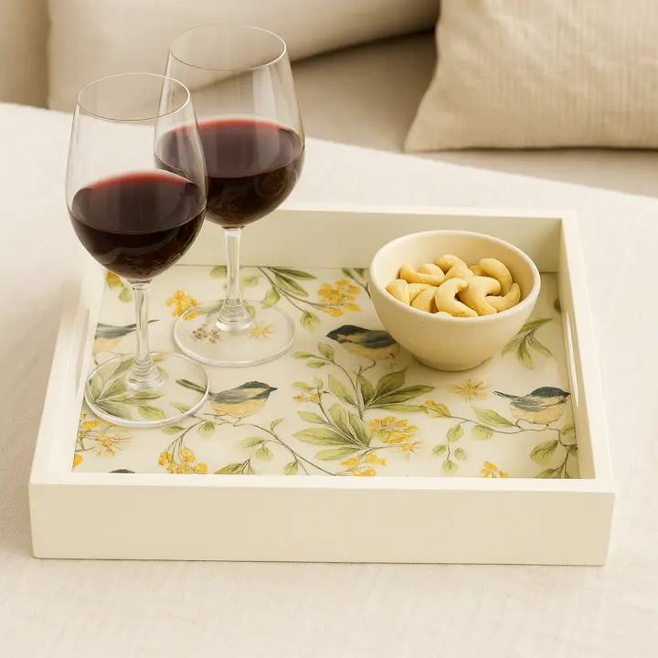 Elegant Rectangular Wooden Serving Tray with Chickadee & Floral Decal - White Finish