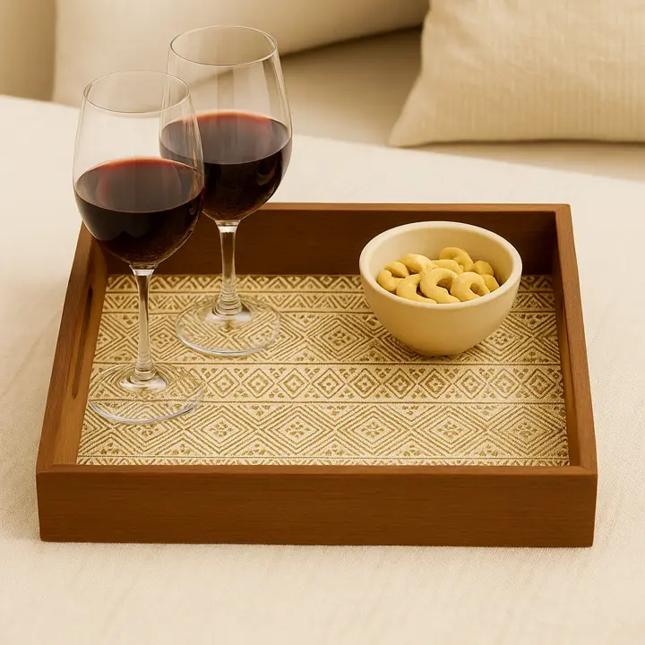 Rustic Wood Serving Tray with Geometric Pattern Inlay (14*10)