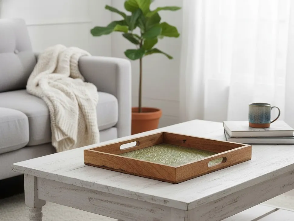 Coastal Boho Tray – Metal Embossed Design for Coffee Table Styling (10*10)