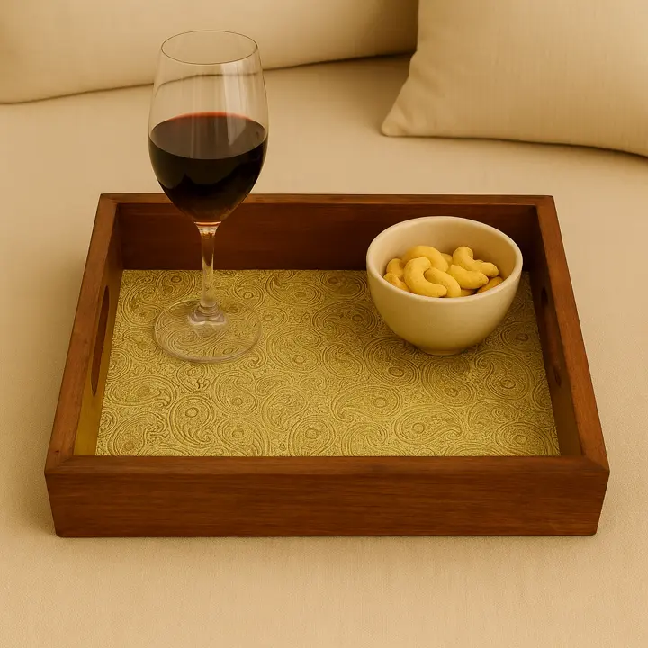 Elegant Wooden Tray with Gold Paisley Pattern Inlay (14*10)
